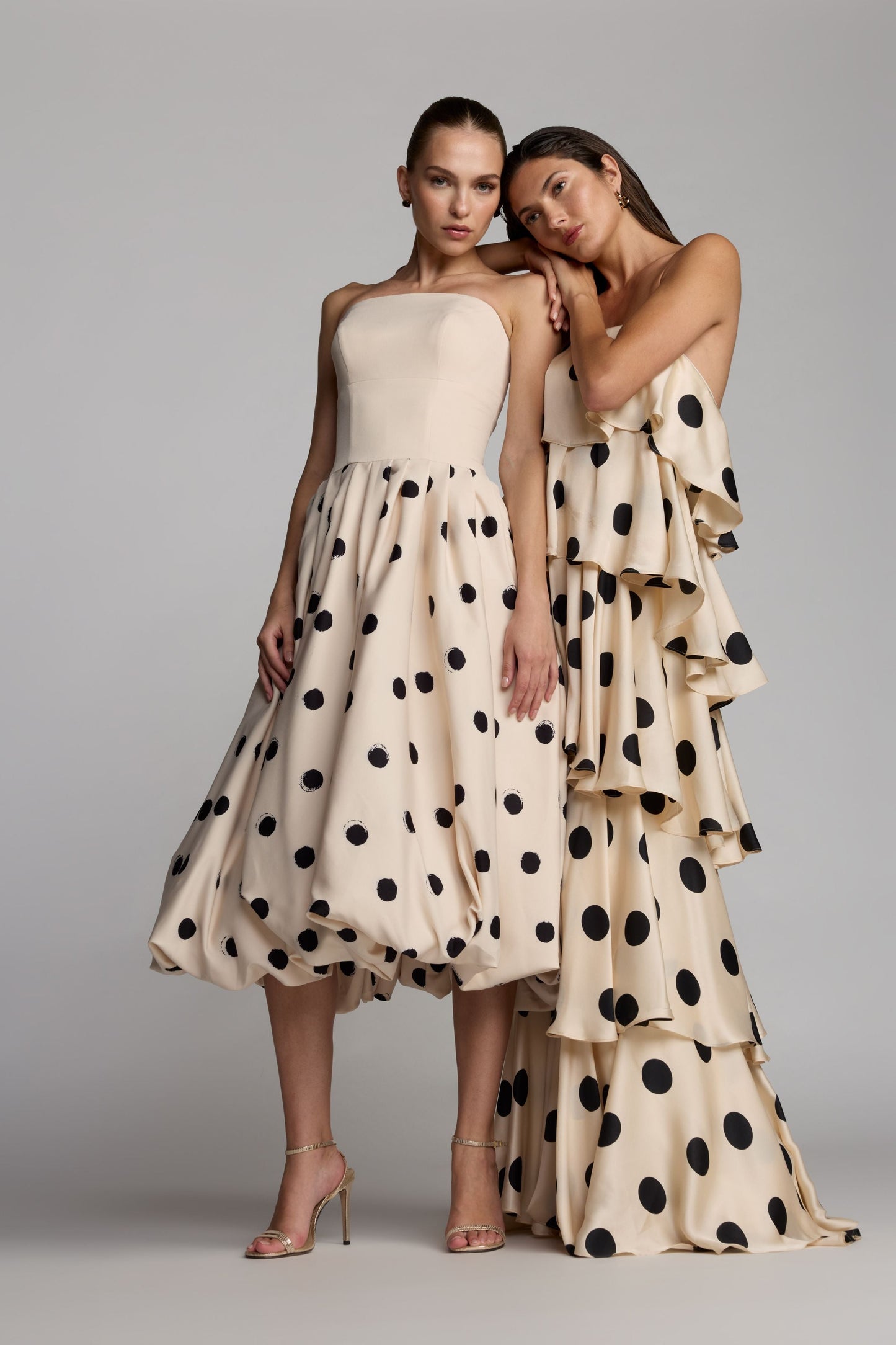 Beige Strapless Polka Dot Charmeuse Ruffle Gown