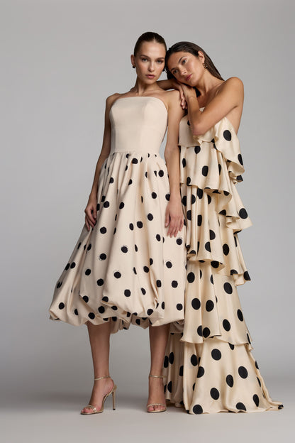 Beige Strapless Polka Dot Charmeuse Ruffle Gown