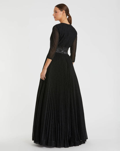 Black Shimmering Pleated  3/4 Sleeve Ball Gown