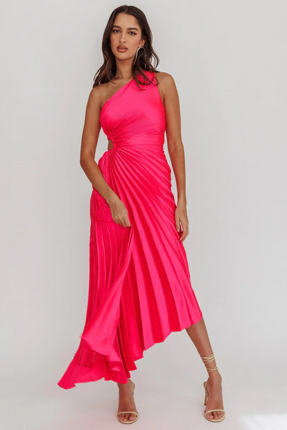 Brooklynn One-Shoulder Accordion Pleat Satin Midi Dress Fuchsia
