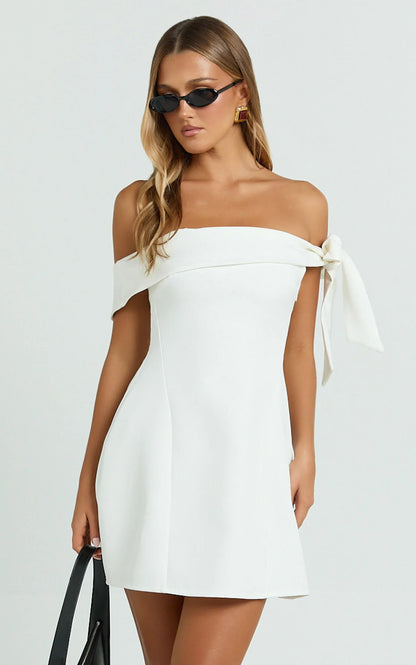 Cecilia Mini Dress Off Shoulder Tie Detail Dress in White