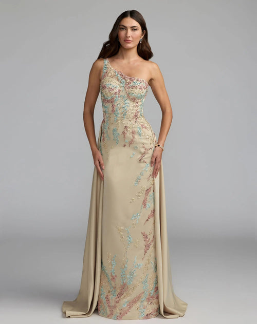 Beige One Shoulder Embellished Gown With Train