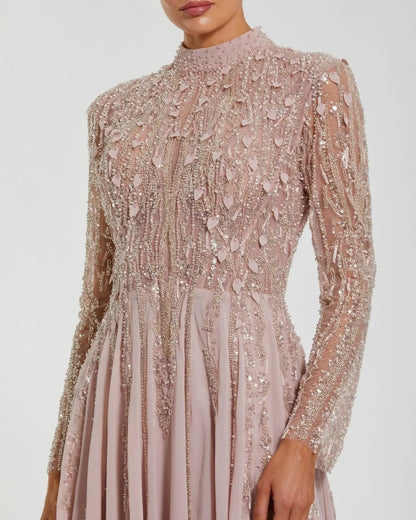 Light Purple Embellished Long Sleeve Gown with Slit