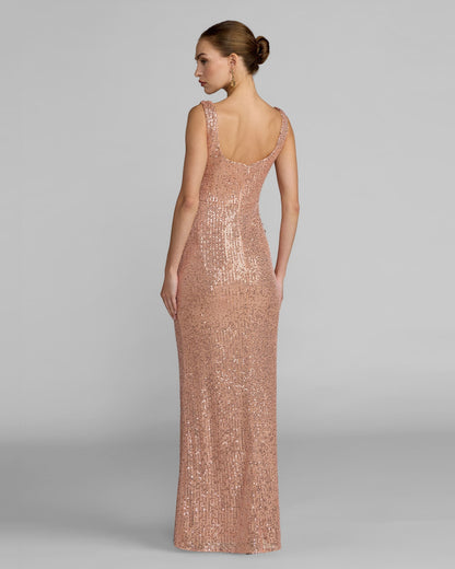 Light Pink Sequin Column Gown With 3D Flowers