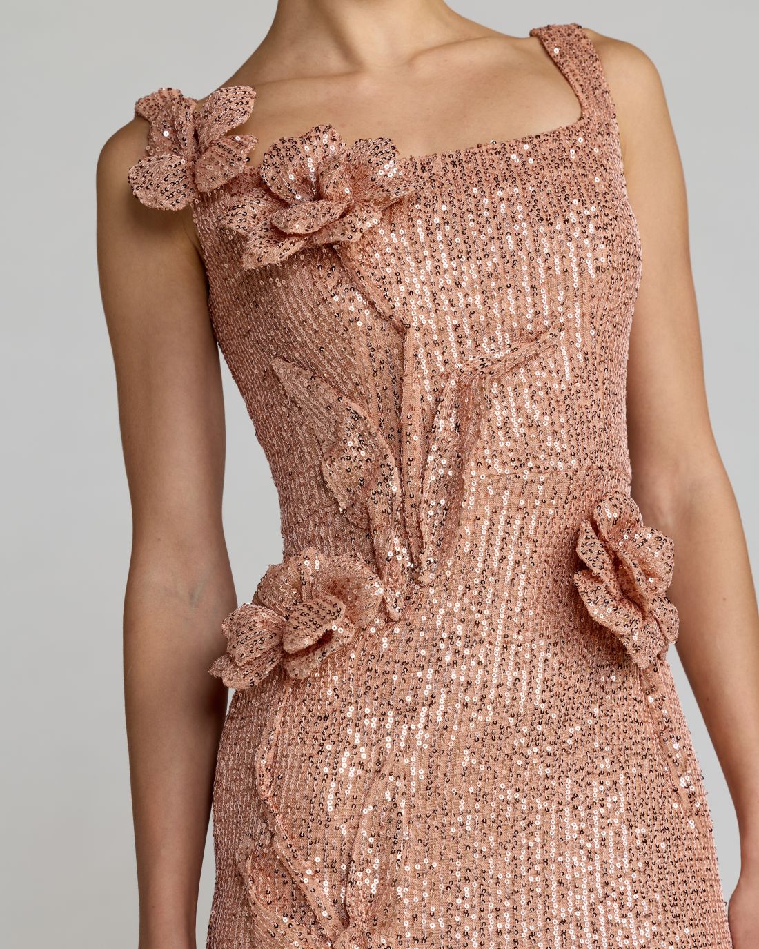 Light Pink Sequin Column Gown With 3D Flowers