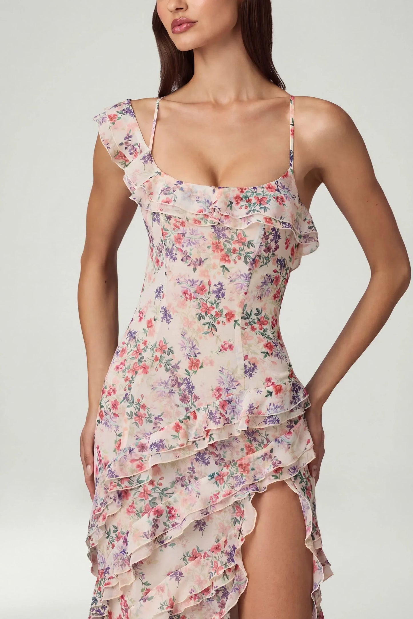 Asymmetric Ruffled Lace-Up Gown in Primrose Floral Print