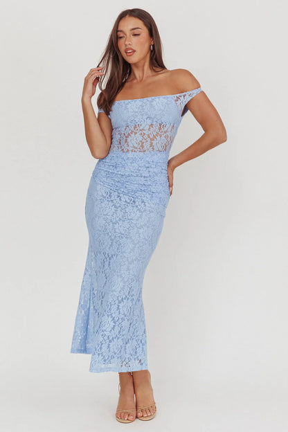 Bellora Off-Shoulder Lace Maxi Dress Blue