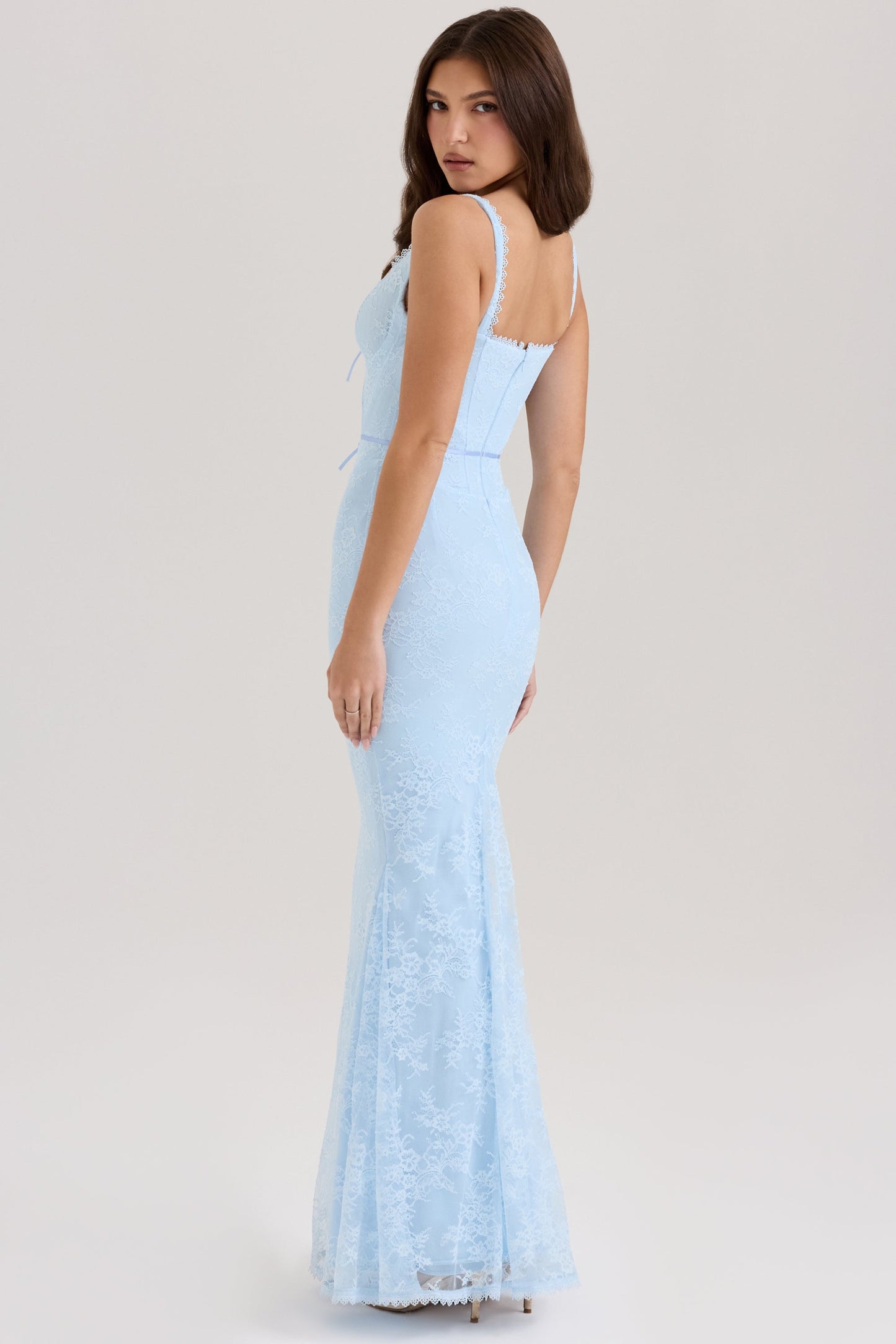 blue lace godet maxi dress