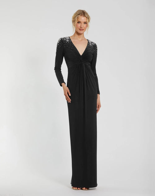 Black Jersey V-Neck Faux Knot Gown with Beaded Shoulders