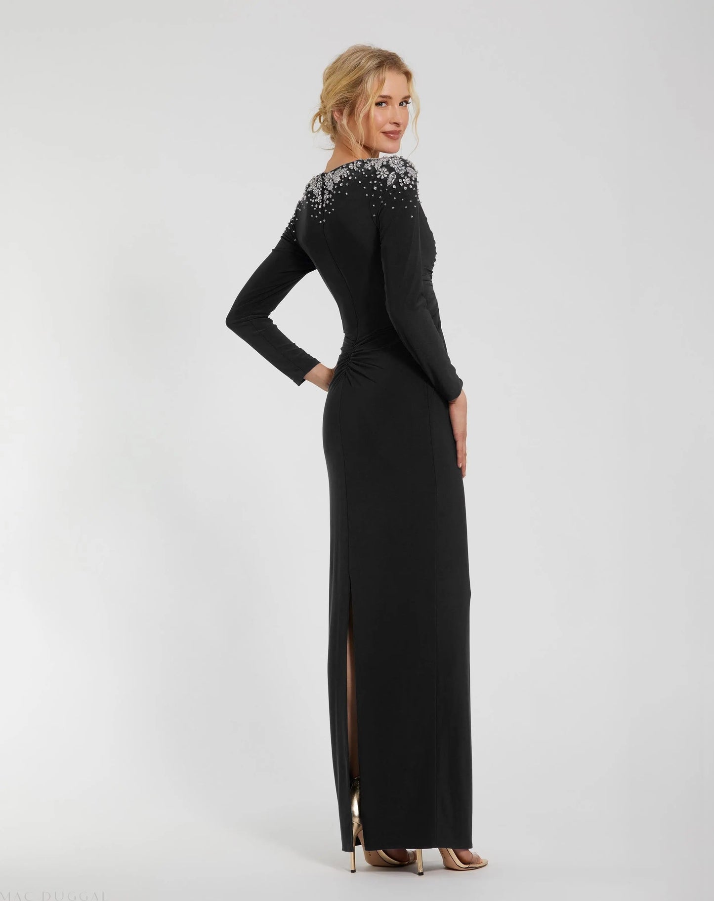 Black Jersey V-Neck Faux Knot Gown with Beaded Shoulders