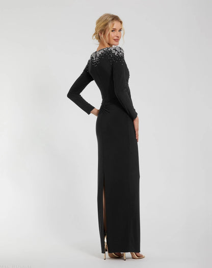 Black Jersey V-Neck Faux Knot Gown with Beaded Shoulders