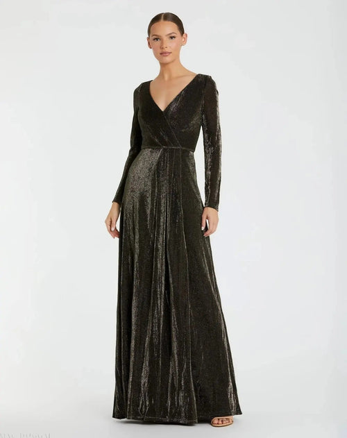 Black Long Sleeve Faux Wrap A Line Gown - FINAL SALE