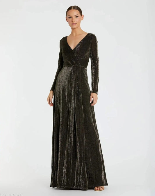 Black Long Sleeve Faux Wrap A Line Gown - FINAL SALE