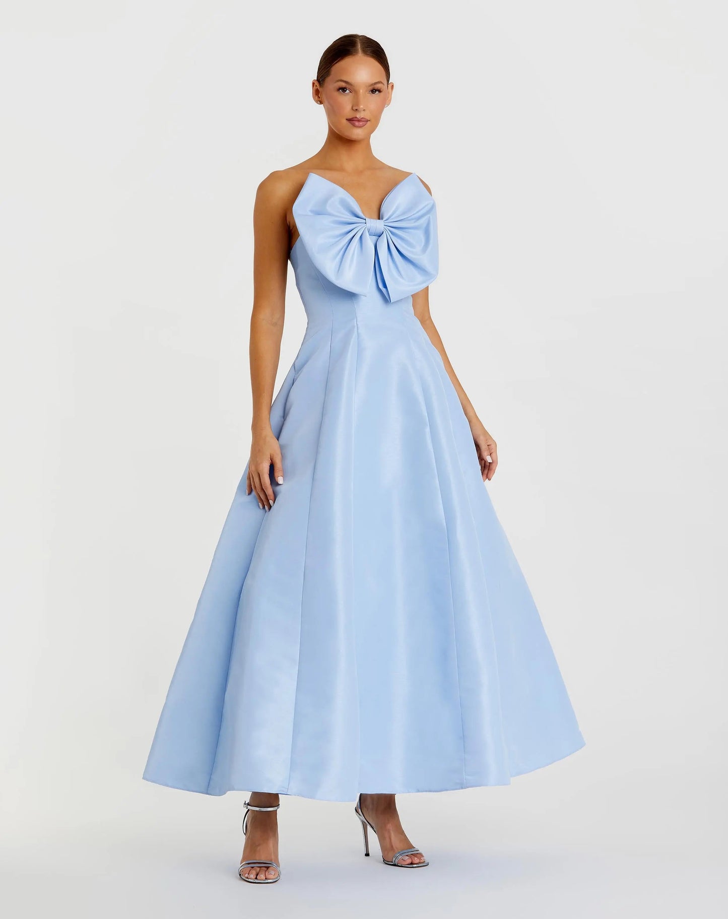 Blue Strapless A-Line Tea Length Statement Bow Dress