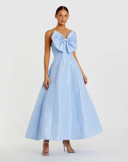 Blue Strapless A-Line Tea Length Statement Bow Dress