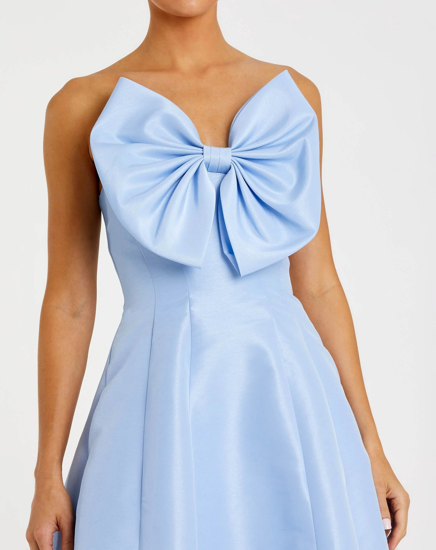 Blue Strapless A-Line Tea Length Statement Bow Dress