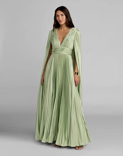 Light Green Pleated Charmeuse V Neck Gown With Cape