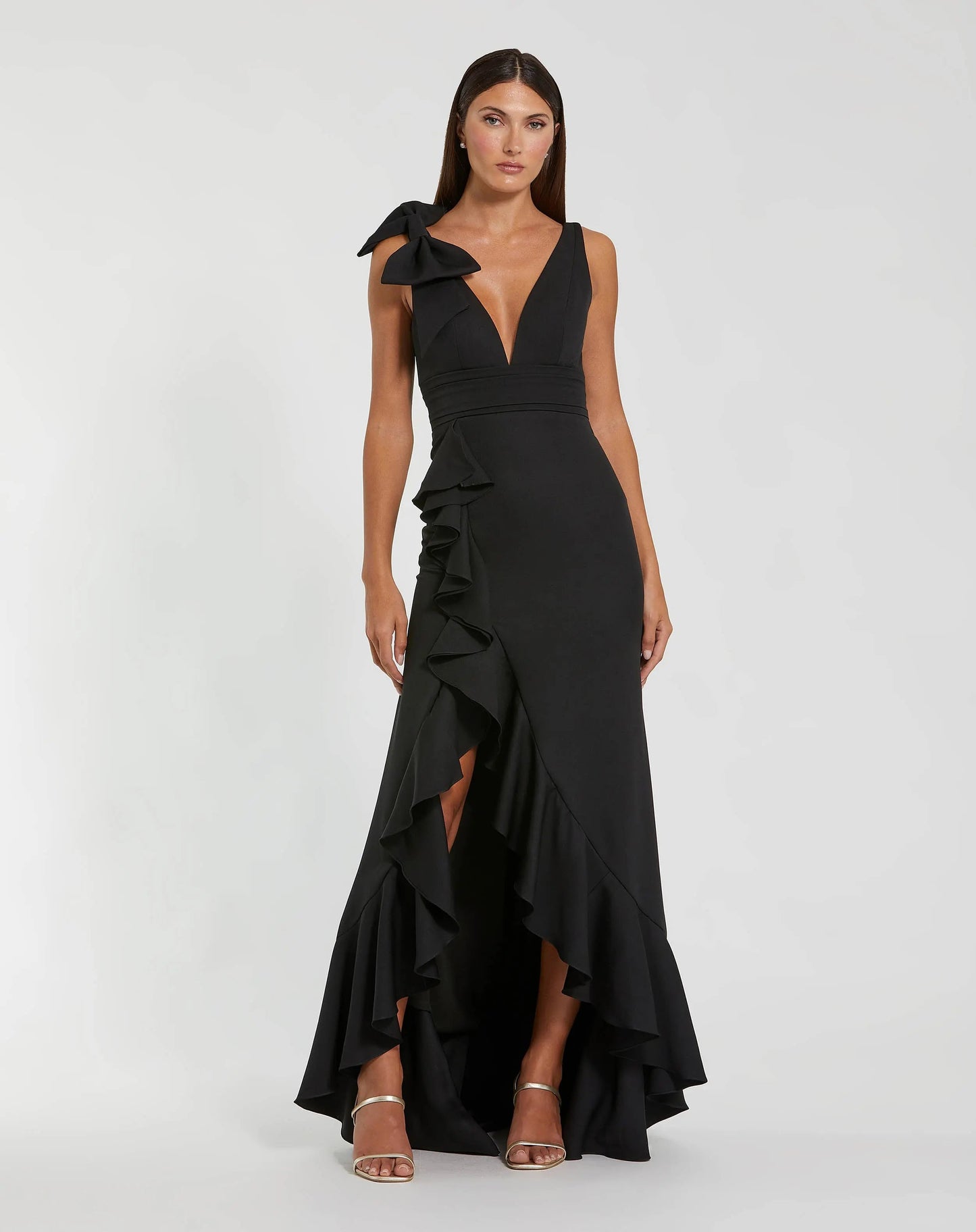 Black Sleeveless Ruffled V-Neck Gown With Bow