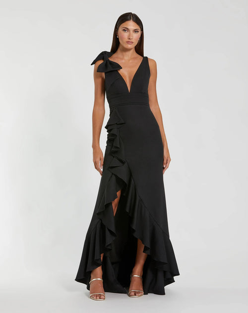 Black Sleeveless Ruffled V-Neck Gown With Bow