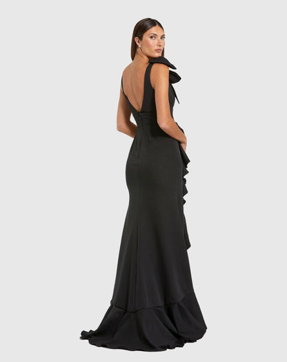 Black Sleeveless Ruffled V-Neck Gown With Bow