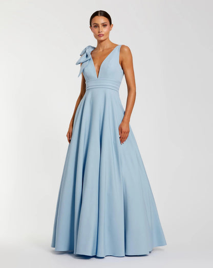 Light Blue Sleeveless Plunge Neck Ball Gown With Bow Detail
