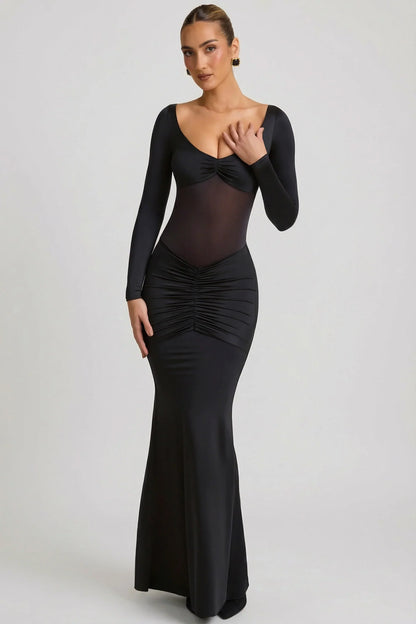 Bow-Detail Ruched Maxi Dress in Black