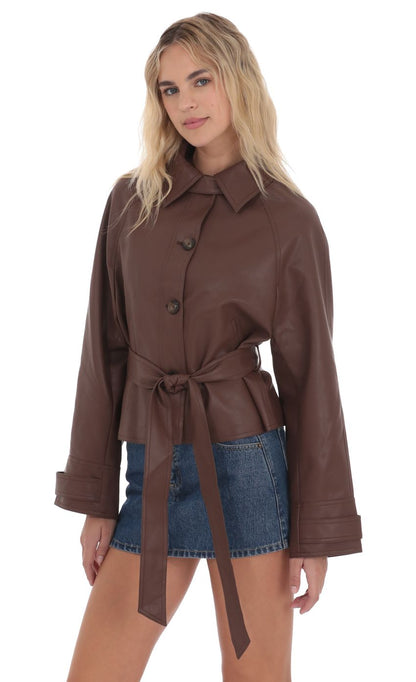 Belted Faux Leather Jacket in Black