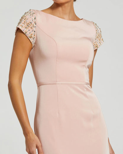 Light Pink Beaded Cap Sleeve Satin Column Gown