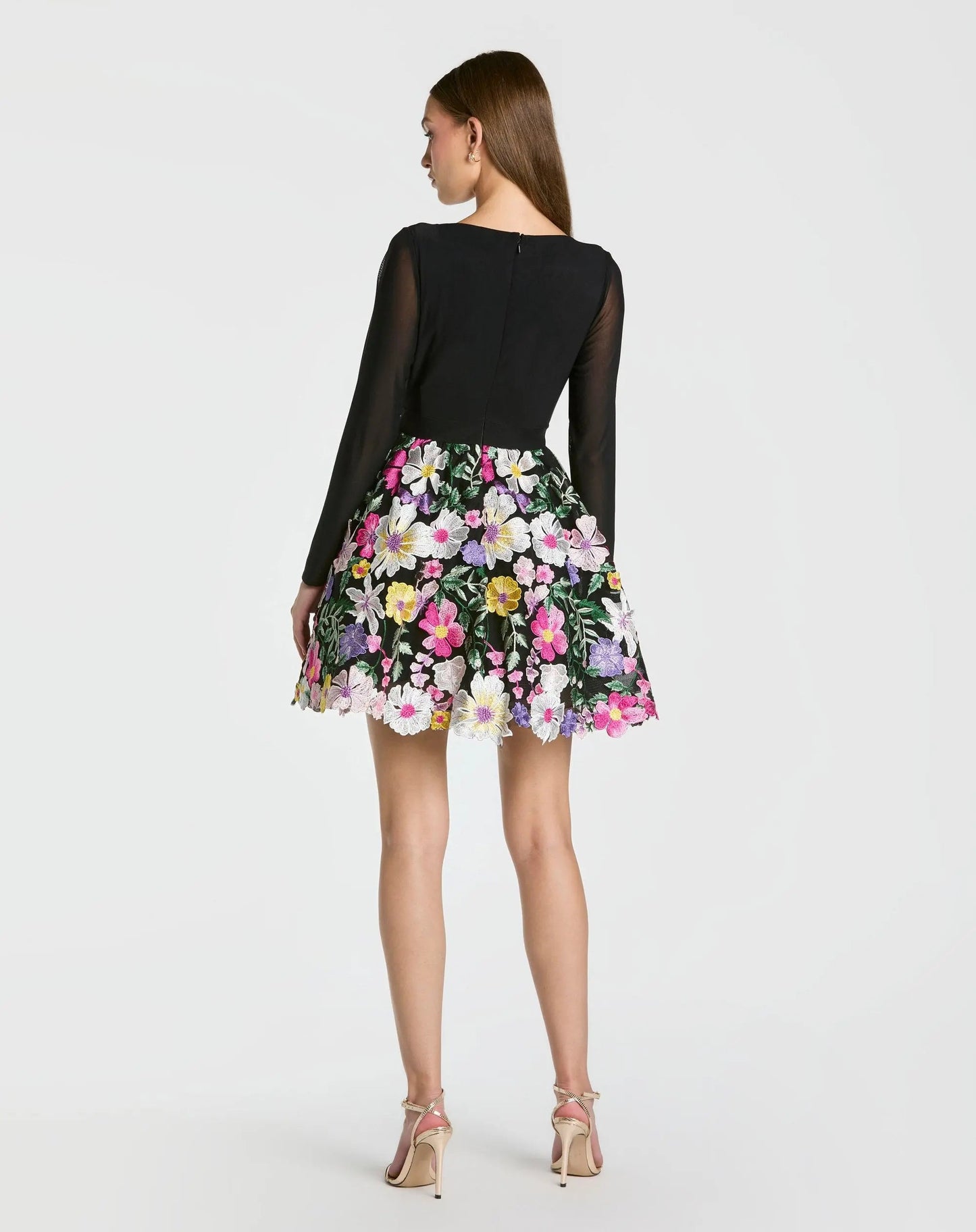 Black Long Sleeve Mini Dress With Floral Embroidery