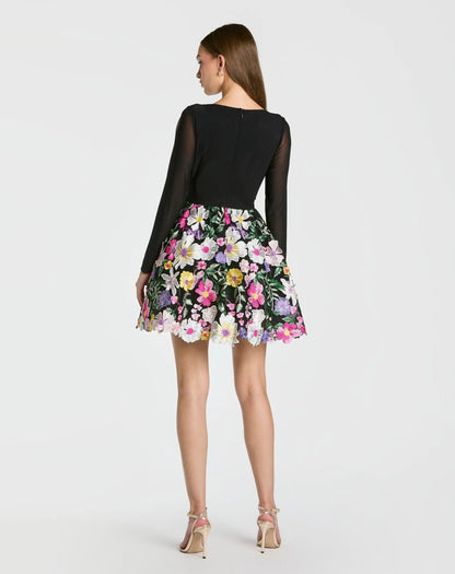 Black Long Sleeve Mini Dress With Floral Embroidery