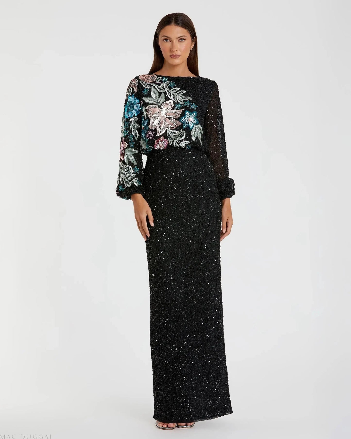 Black High Neck Long Sleeve Sequin Evening Gown