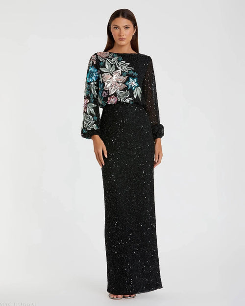 Black High Neck Long Sleeve Sequin Evening Gown