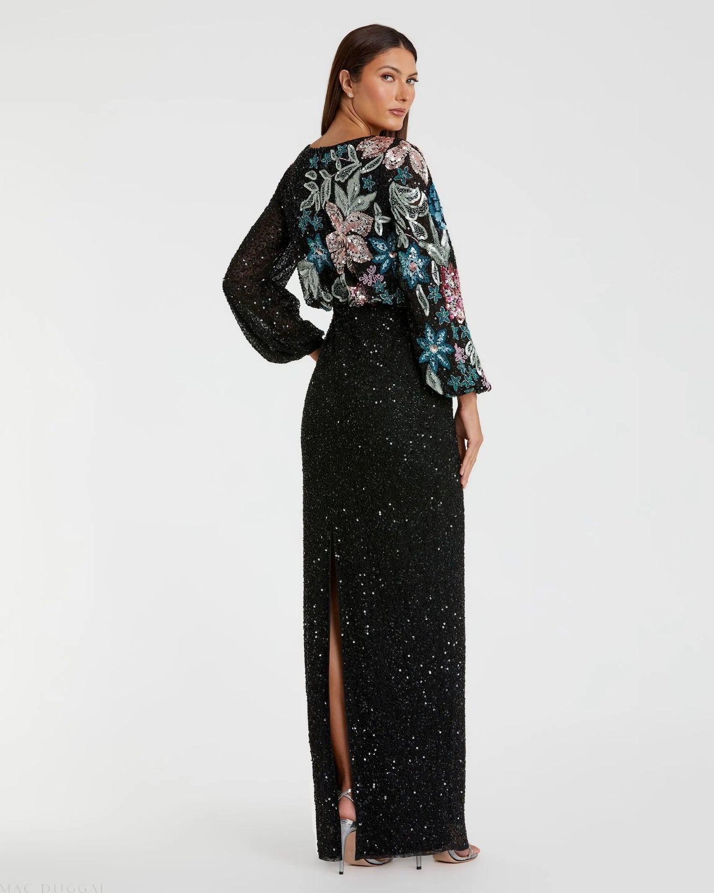 Black High Neck Long Sleeve Sequin Evening Gown