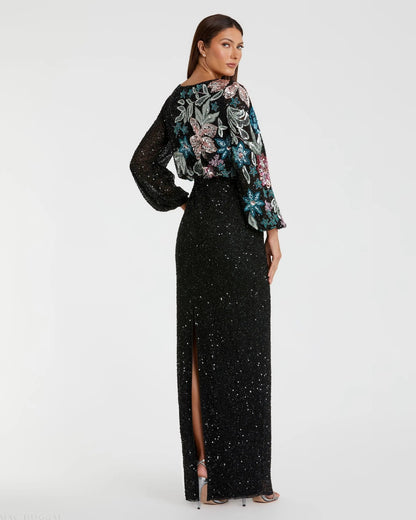 Black High Neck Long Sleeve Sequin Evening Gown