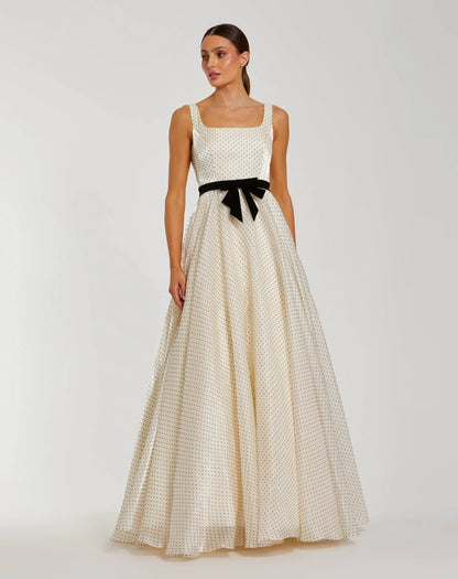 Ivory Polka Dot Square Neck Ball Gown With Bow