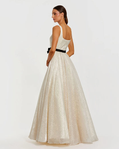Ivory Polka Dot Square Neck Ball Gown With Bow