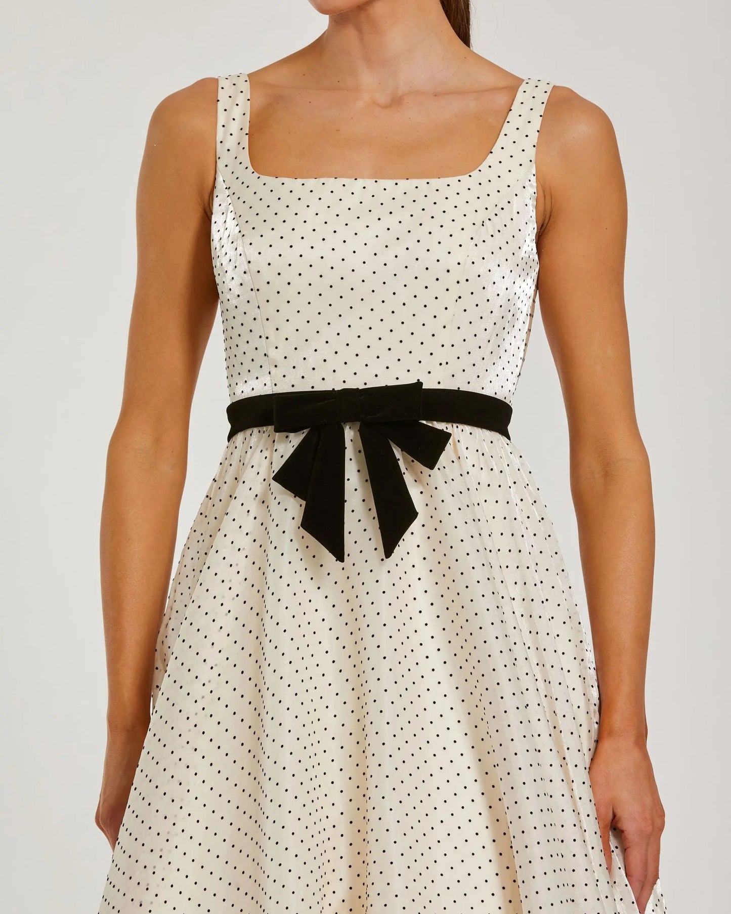 Ivory Polka Dot Square Neck Ball Gown With Bow