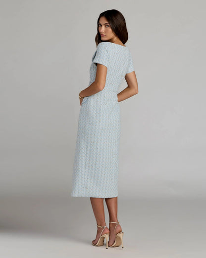 Blue Boucle Cap Sleeve Fitted Midi Dress