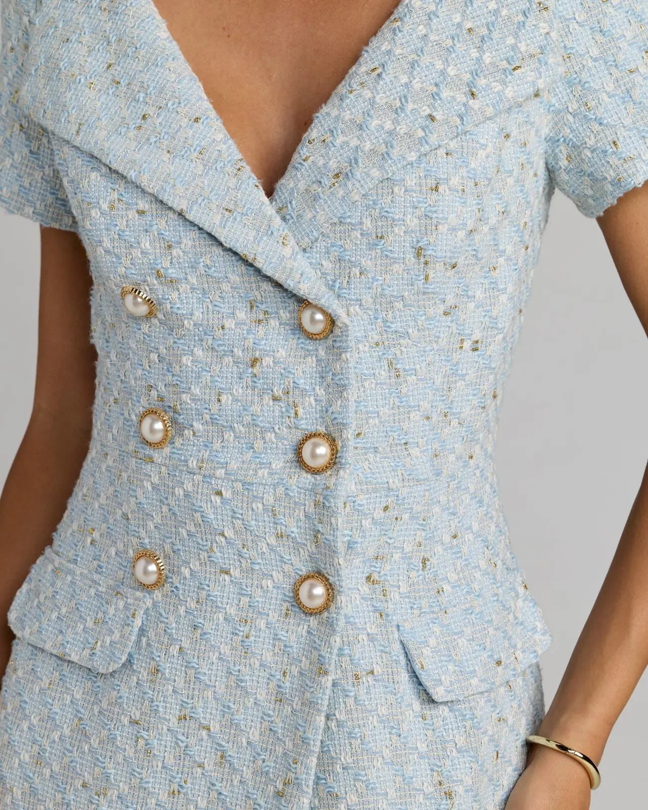 Blue Boucle Cap Sleeve Fitted Midi Dress