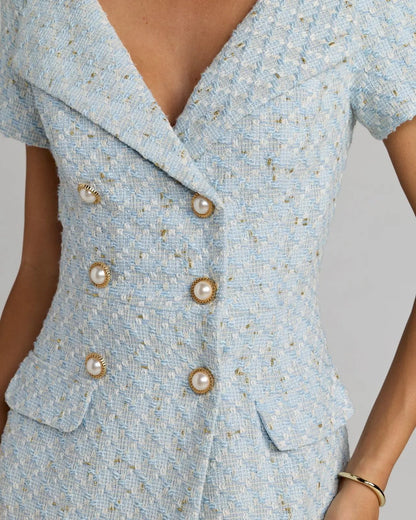 Blue Boucle Cap Sleeve Fitted Midi Dress