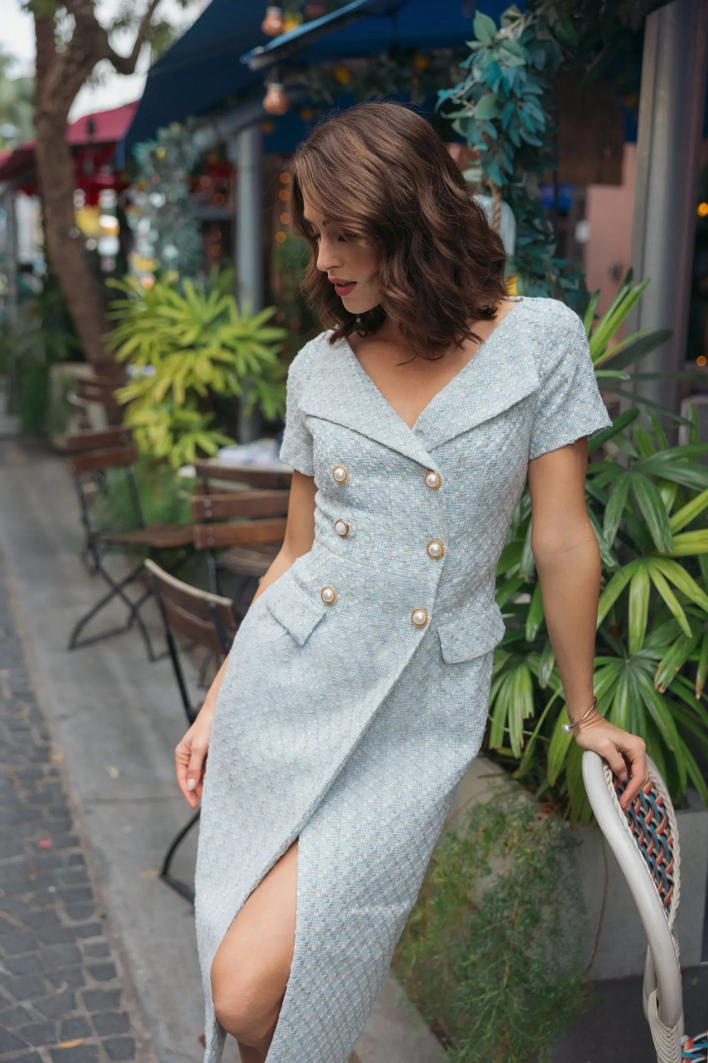 Blue Boucle Cap Sleeve Fitted Midi Dress
