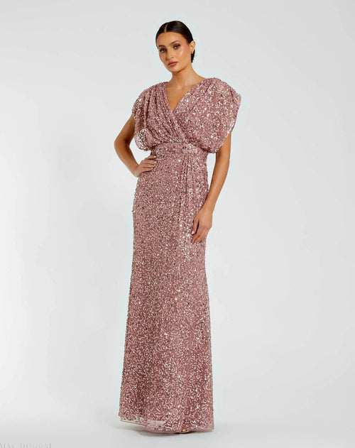 Draped Sleeve V Neck Gown