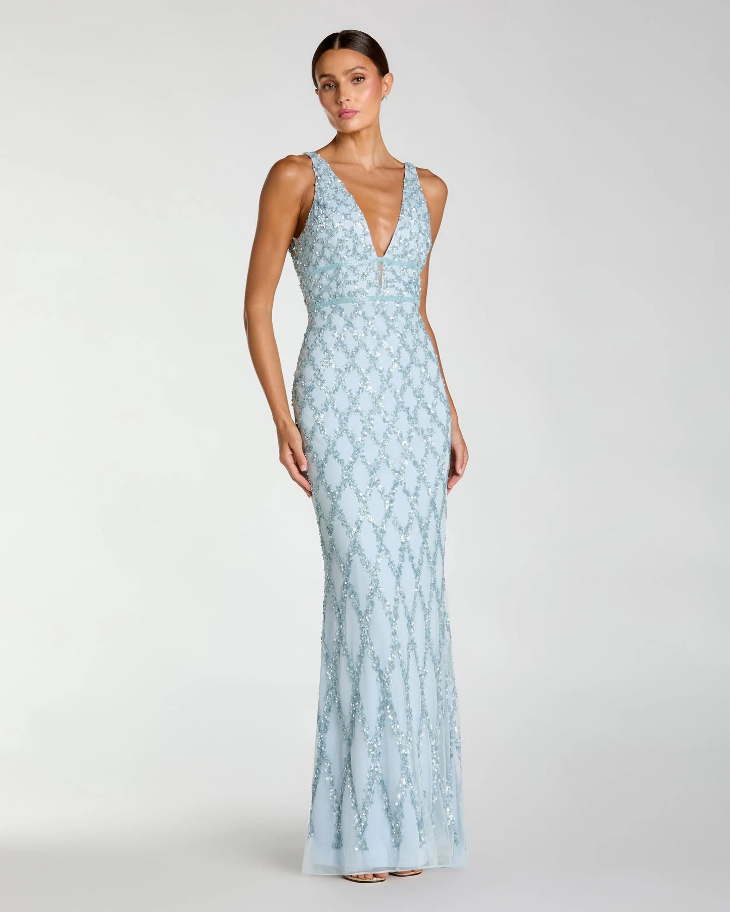 Blue Sequin Embellished Sleeveless Column Gown