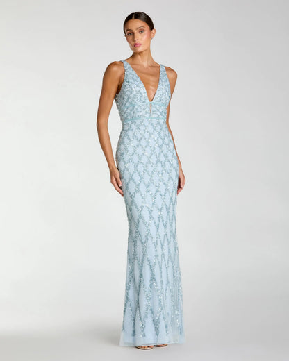 Blue Sequin Embellished Sleeveless Column Gown