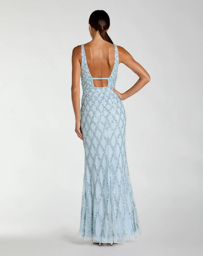 Blue Sequin Embellished Sleeveless Column Gown