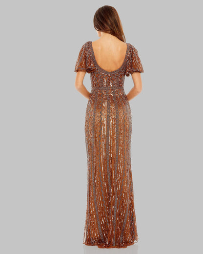 Brown Beaded Flutter Sleeve Column Gown