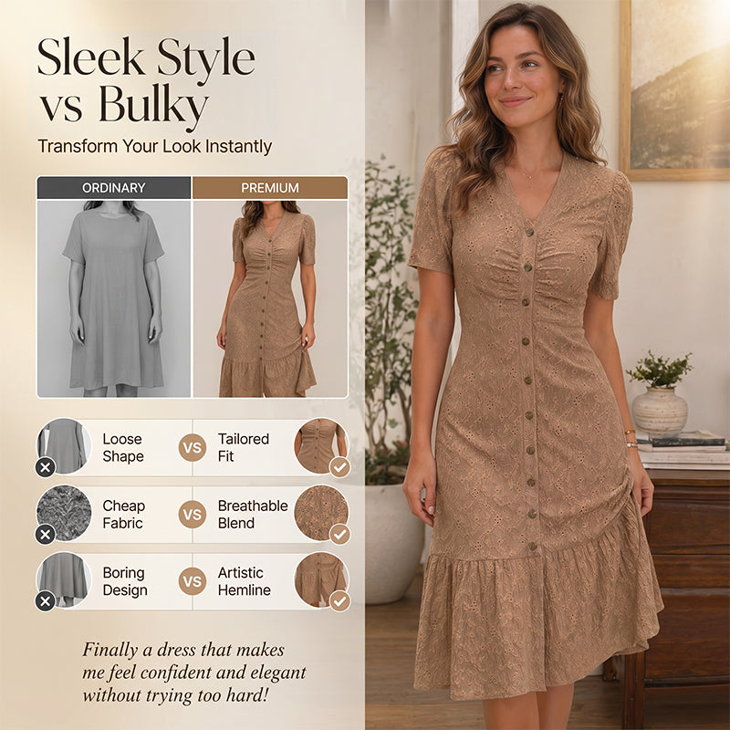 🌞💃Women's Button-Up V-Neck Short Sleeve Midi Dress