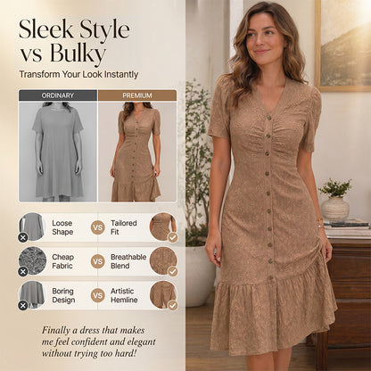 🌞💃Women's Button-Up V-Neck Short Sleeve Midi Dress