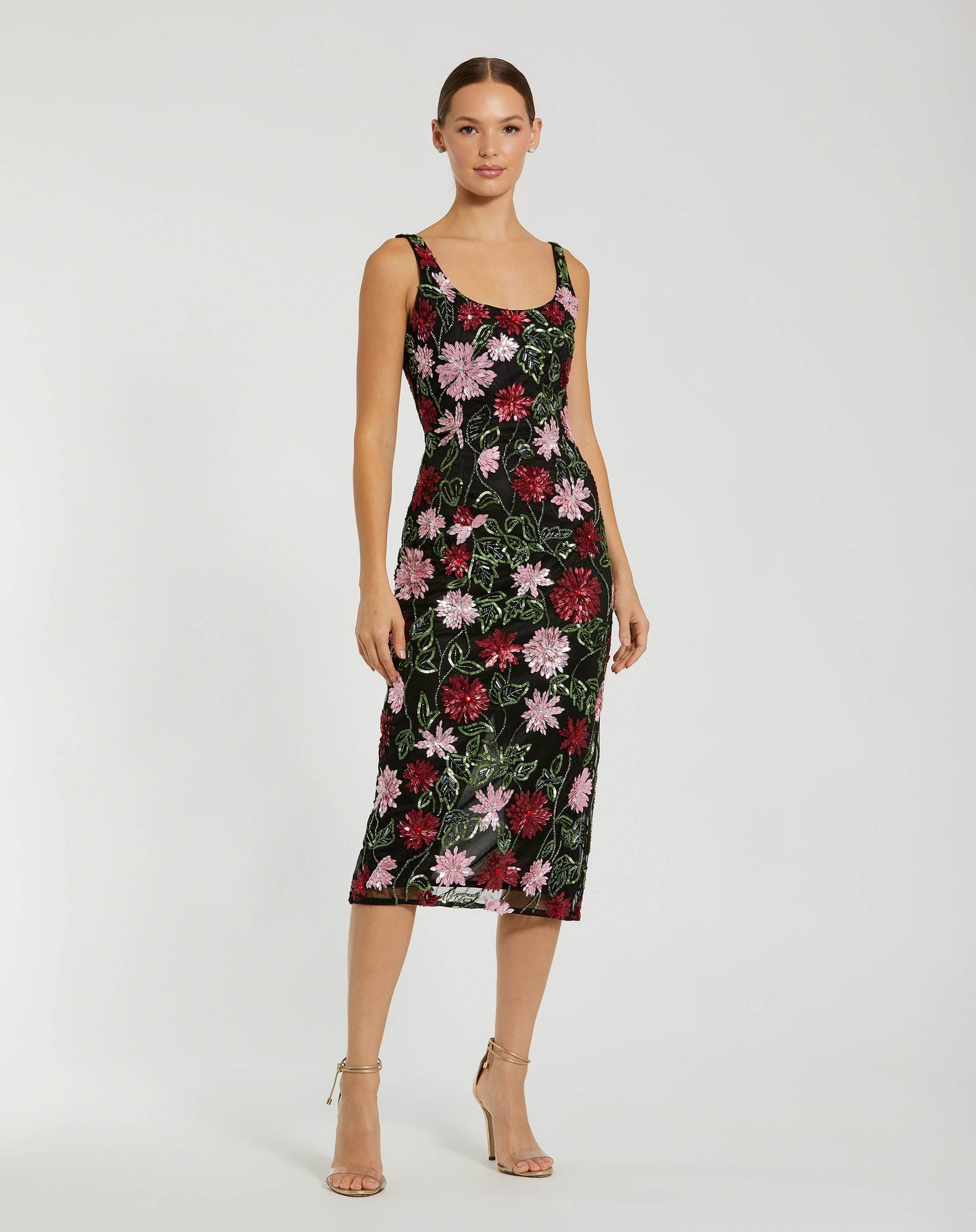 Black Floral Beaded Scoop Neck Midi Dress