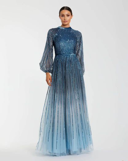 Blue Ombré Sequin Long Sleeve A-Line Gown